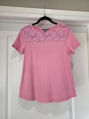 Karen Scott Rose Pink Short Sleeve Tee with Lace Yoke